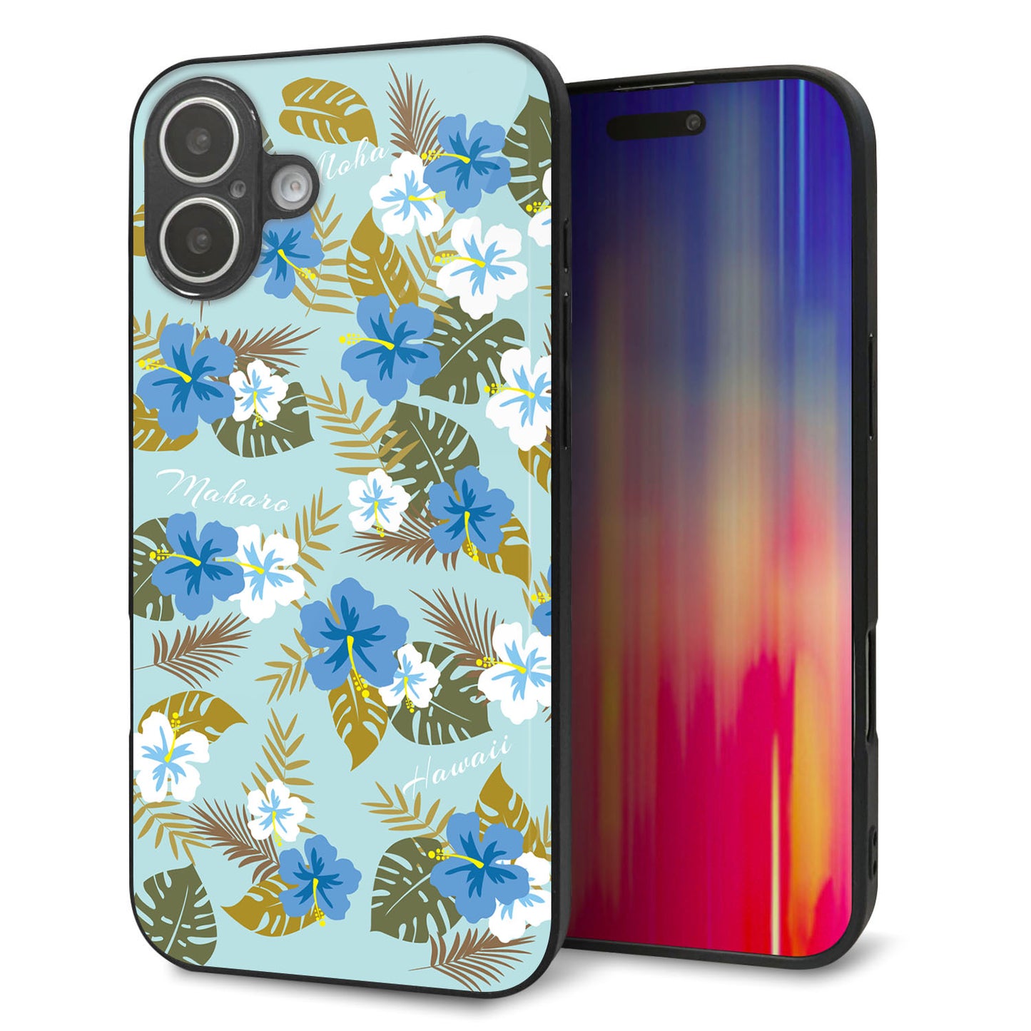 iPhone16 Plus 強化ガラス＆TPUスマホケース ガラプリ【SC883 ハワイアンアロハレトロ（ブルー）】