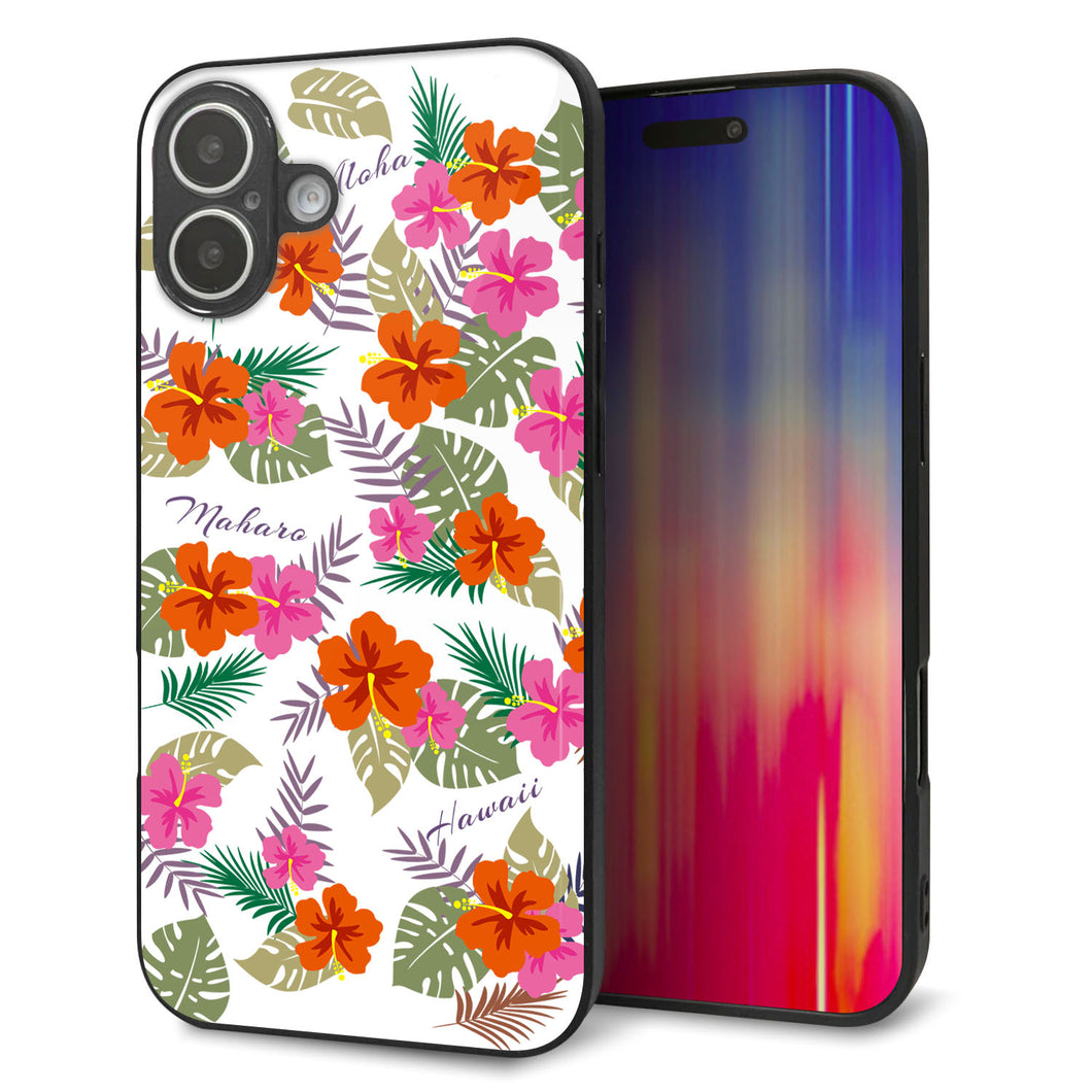 iPhone16 Plus 強化ガラス＆TPUスマホケース ガラプリ【SC884 ハワイアンアロハレトロ（ホワイト）】