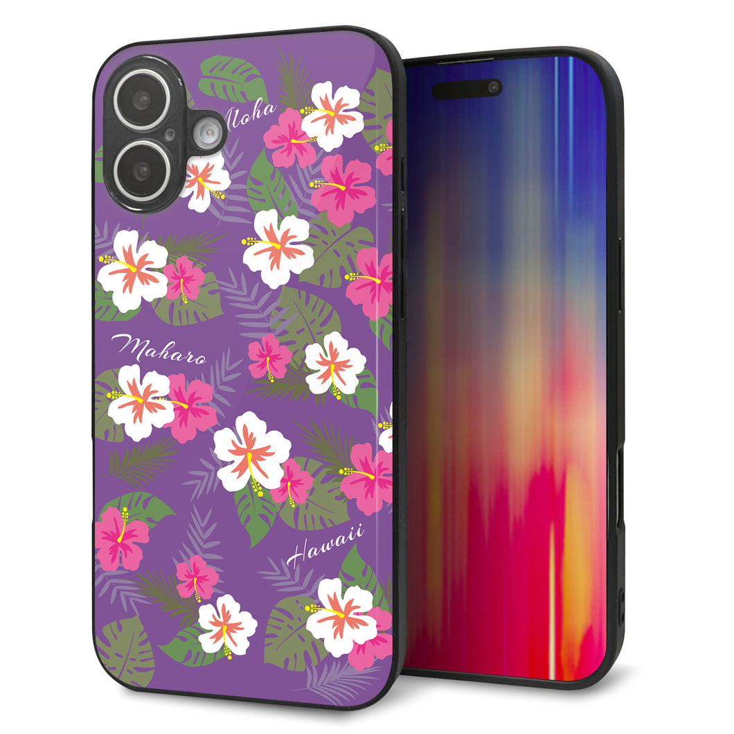 iPhone16 Plus 強化ガラス＆TPUスマホケース ガラプリ【SC886 ハワイアンアロハレトロ（パープル）】