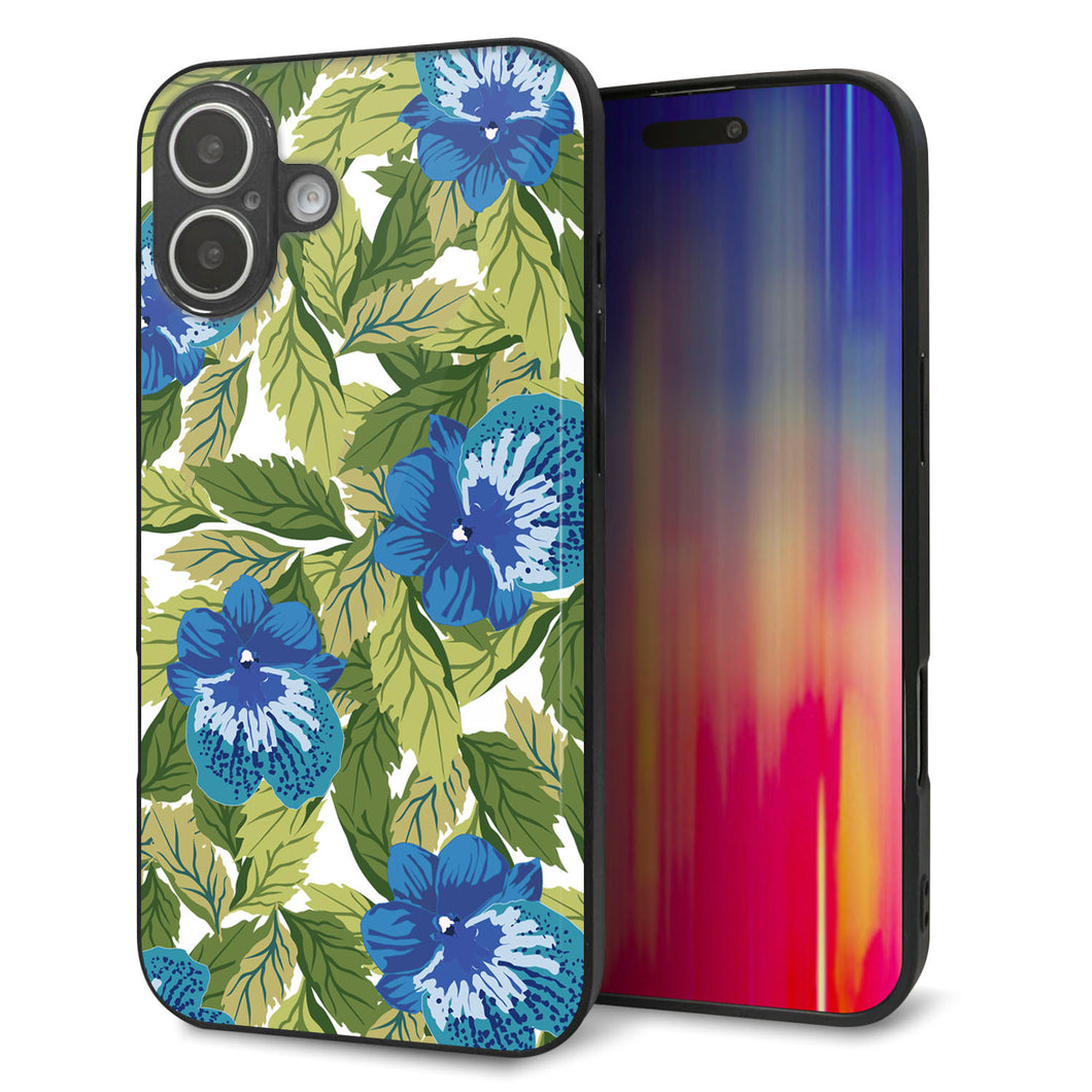 iPhone16 Plus 強化ガラス＆TPUスマホケース ガラプリ【SC896 ボタニカル ブルー＆リーフ】