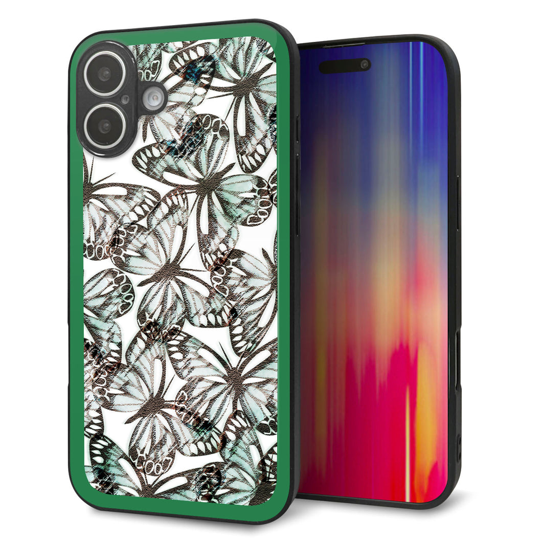 iPhone16 Plus 強化ガラス＆TPUスマホケース ガラプリ【SC902 ガーデンバタフライ グリーン】