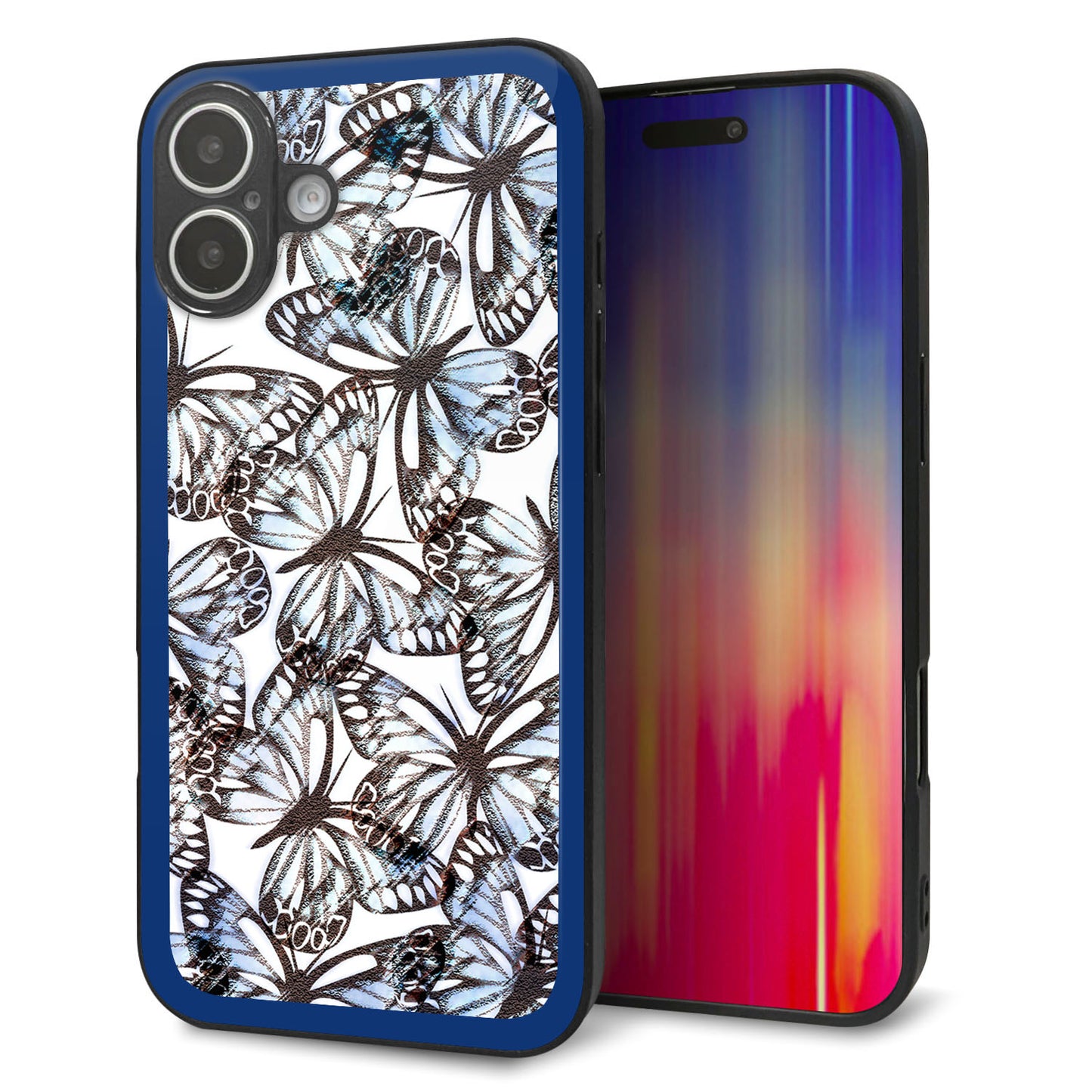iPhone16 Plus 強化ガラス＆TPUスマホケース ガラプリ【SC906 ガーデンバタフライ ブルー】