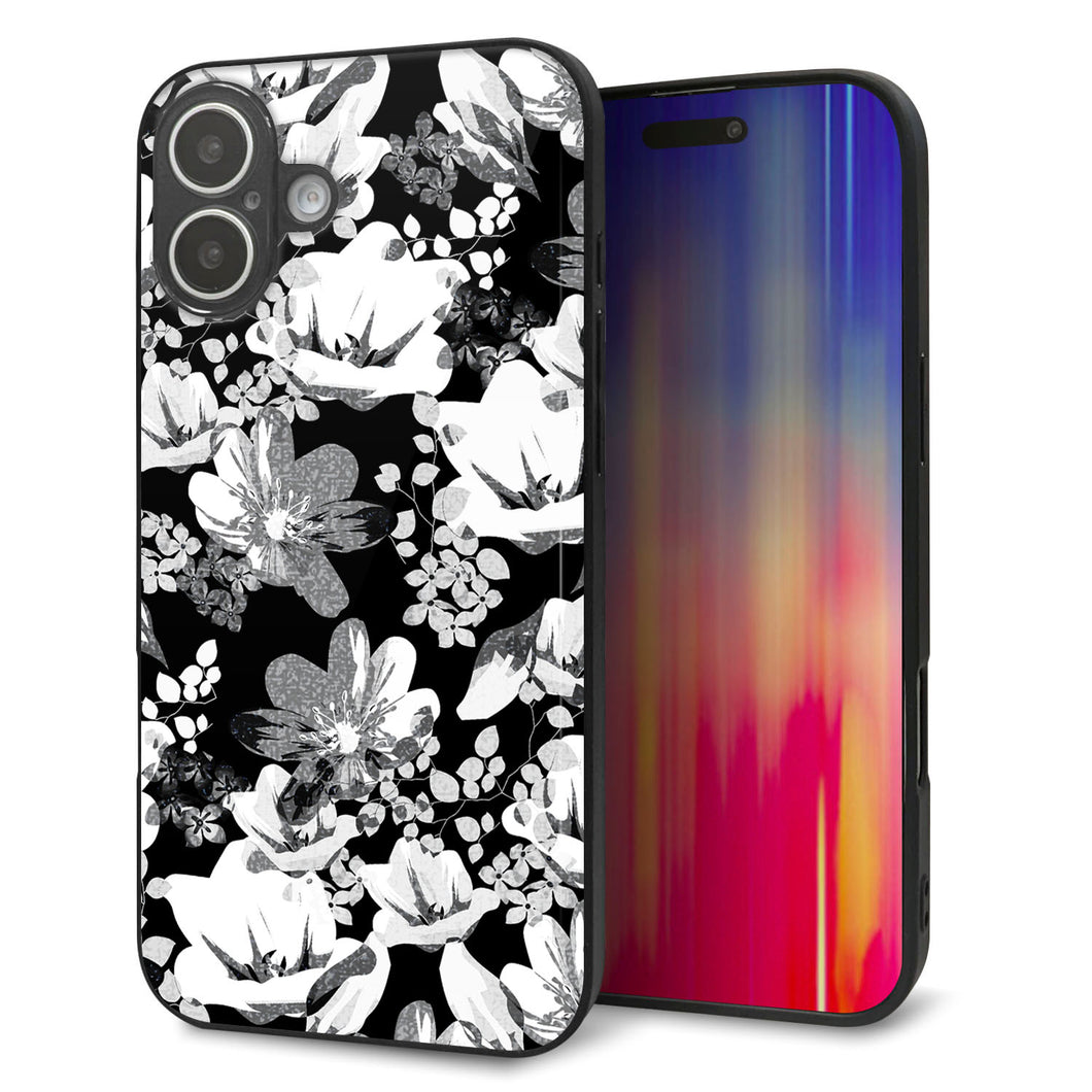 iPhone16 Plus 強化ガラス＆TPUスマホケース ガラプリ【SC913 花柄モノトーン 02】