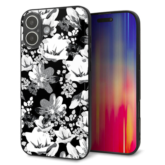 iPhone16 Plus 強化ガラス＆TPUスマホケース ガラプリ【SC913 花柄モノトーン 02】