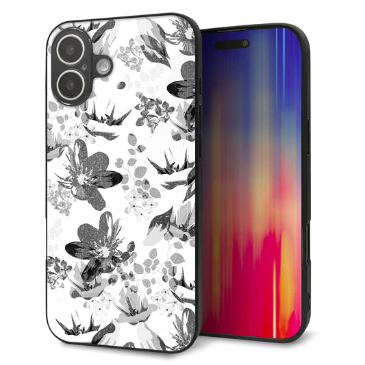 iPhone16 Plus 強化ガラス＆TPUスマホケース ガラプリ【SC914 花柄モノトーン 03】