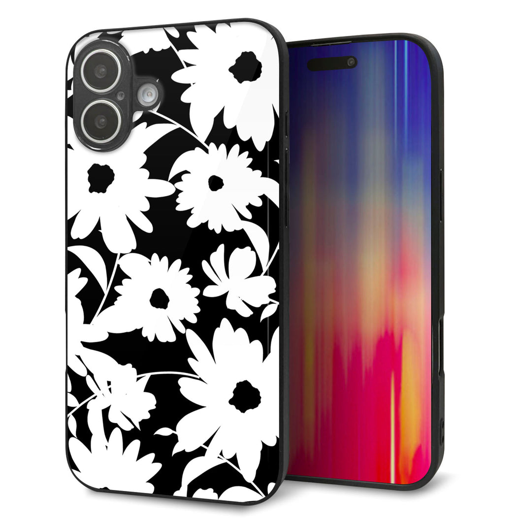 iPhone16 Plus 強化ガラス＆TPUスマホケース ガラプリ【SC915 花柄モノトーン 04】