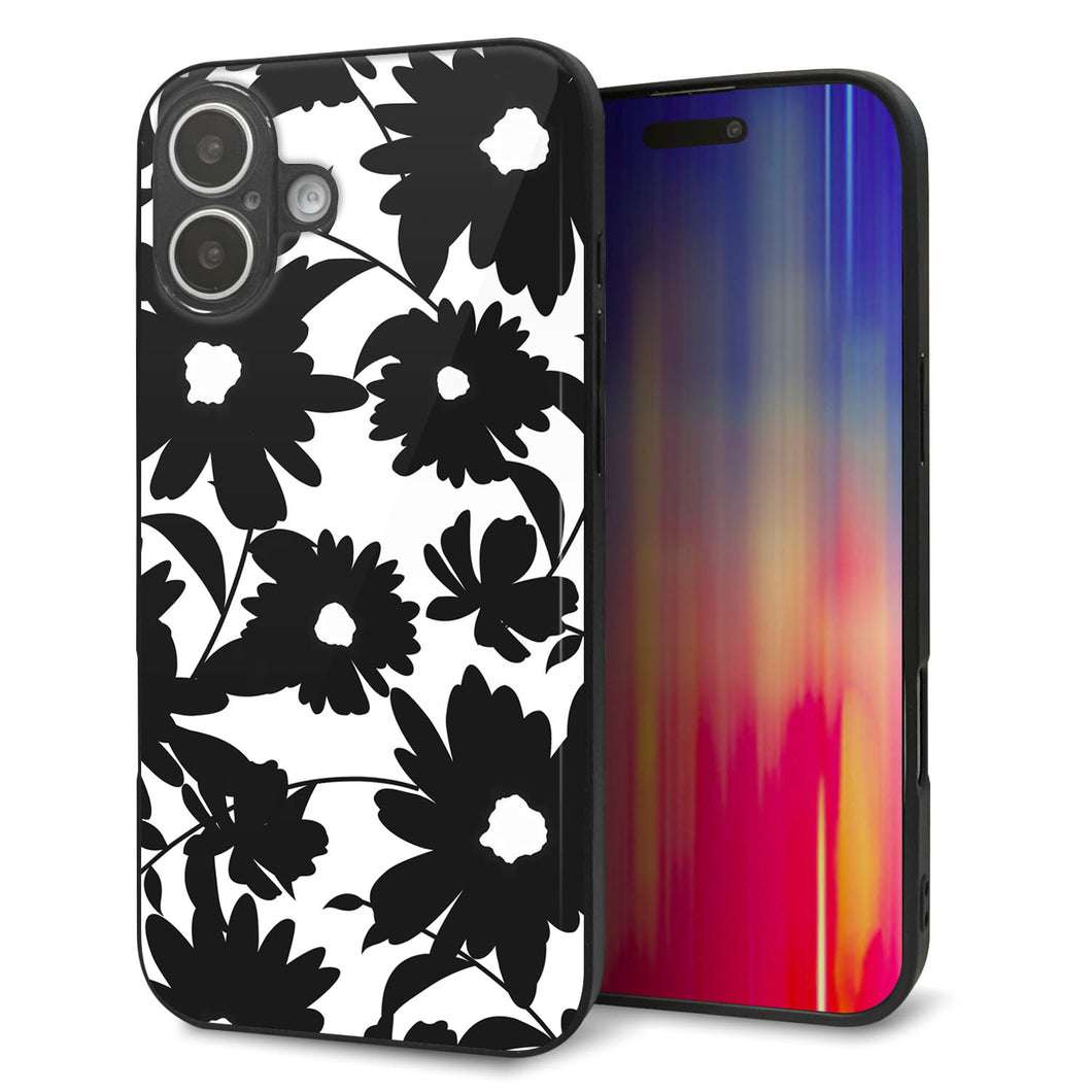 iPhone16 Plus 強化ガラス＆TPUスマホケース ガラプリ【SC916 花柄モノトーン 05】