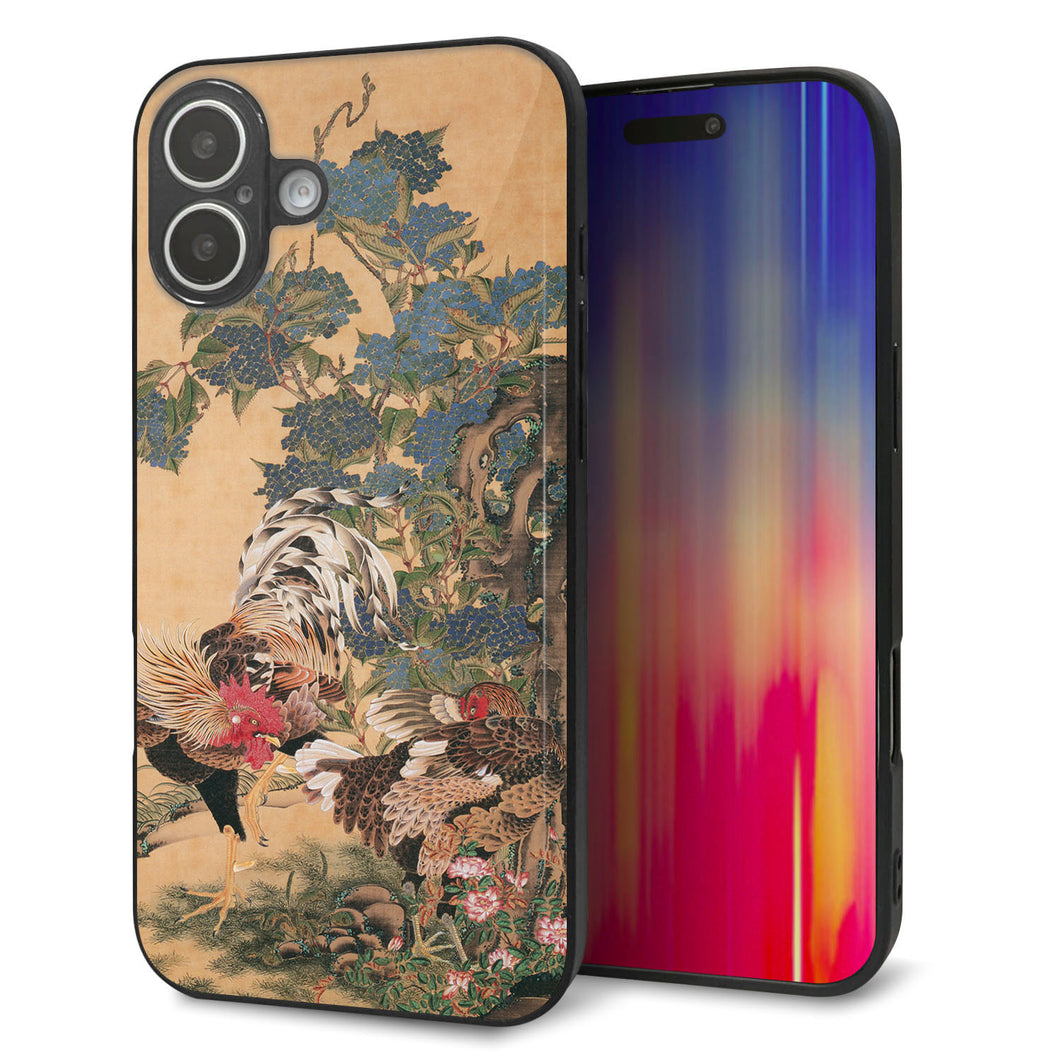 iPhone16 Plus 強化ガラス＆TPUスマホケース ガラプリ【TA006 紫陽花双鶏】