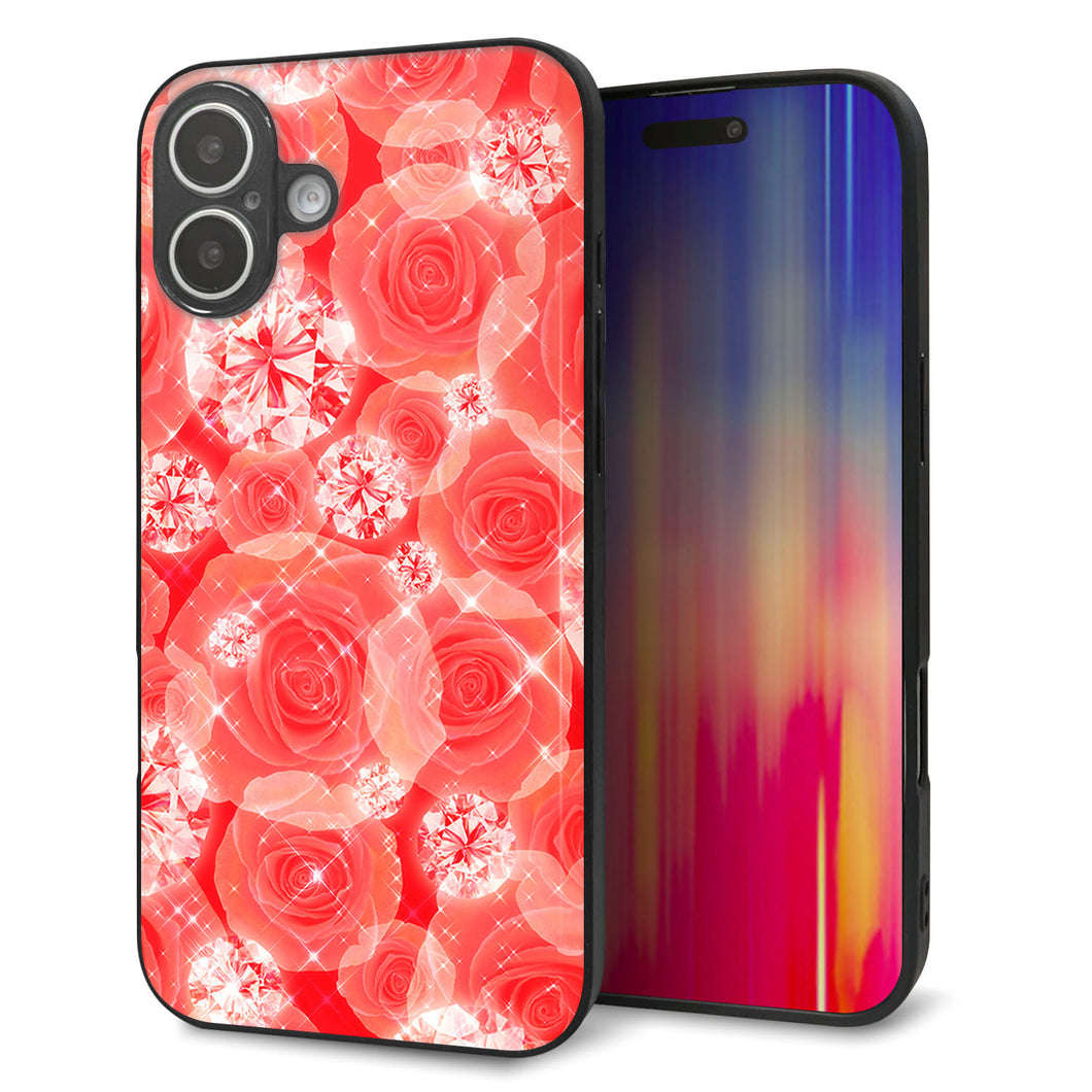iPhone16 Plus 強化ガラス＆TPUスマホケース ガラプリ【VA816 ダイヤモンドとバラ】