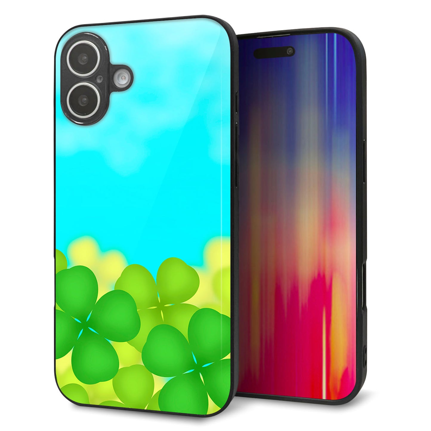 iPhone16 Plus 強化ガラス＆TPUスマホケース ガラプリ【VA820 四葉のクローバー畑】