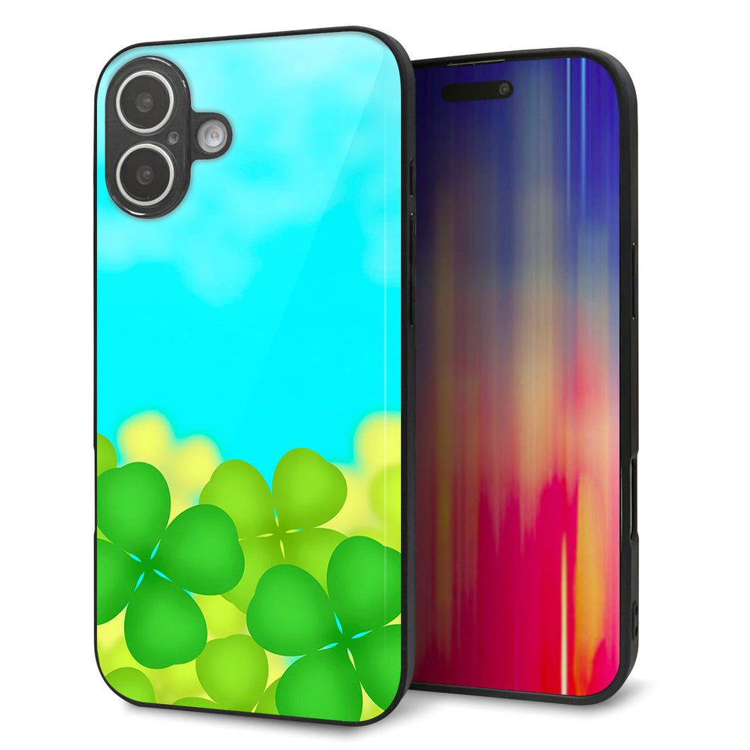 iPhone16 Plus 強化ガラス＆TPUスマホケース ガラプリ【VA820 四葉のクローバー畑】