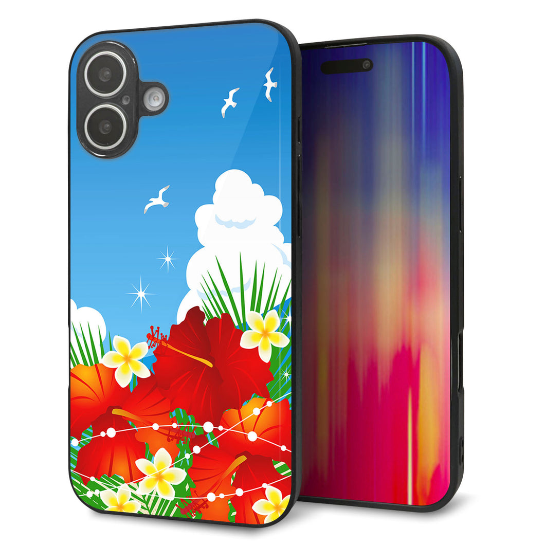 iPhone16 Plus 強化ガラス＆TPUスマホケース ガラプリ【VA821 ハイビスカスと青空】