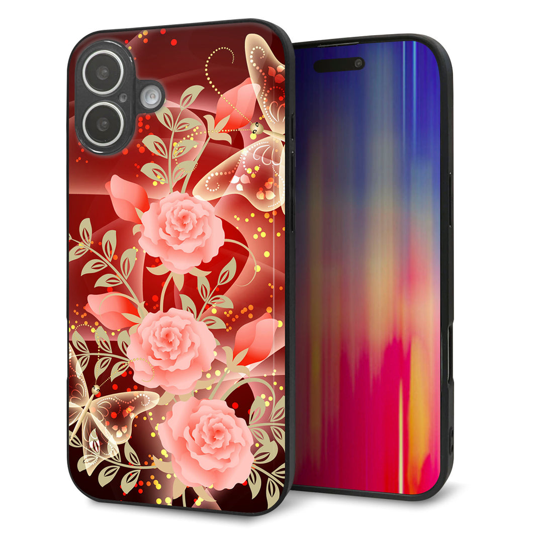 iPhone16 Plus 強化ガラス＆TPUスマホケース ガラプリ【VA824 魅惑の蝶とピンクのバラ】