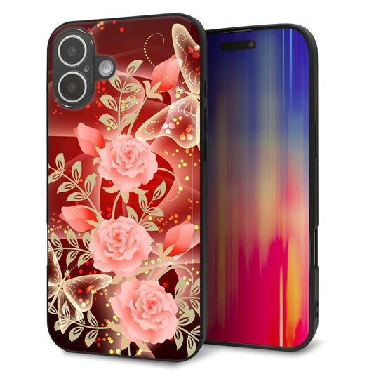 iPhone16 Plus 強化ガラス＆TPUスマホケース ガラプリ【VA824 魅惑の蝶とピンクのバラ】