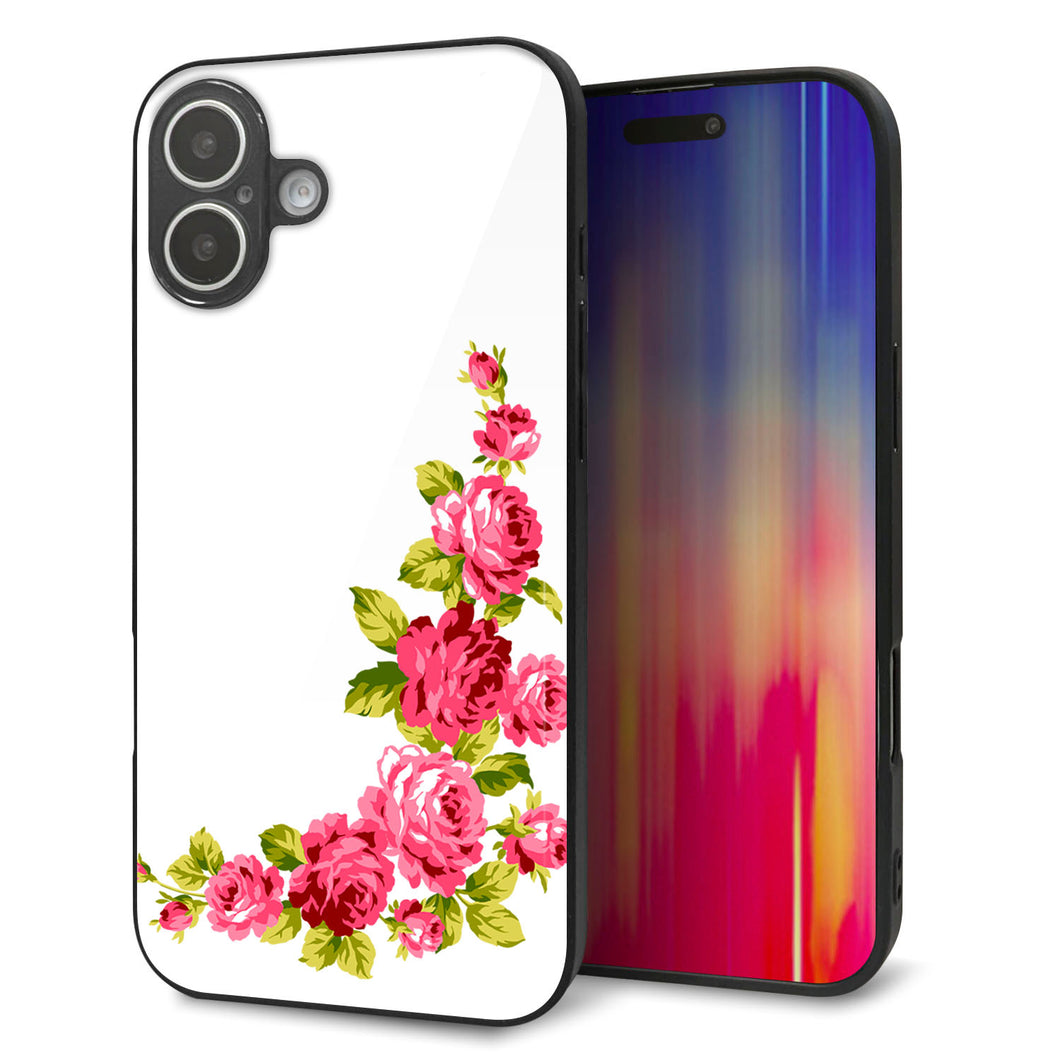 iPhone16 Plus 強化ガラス＆TPUスマホケース ガラプリ【VA825 バラのフレーム(白)】