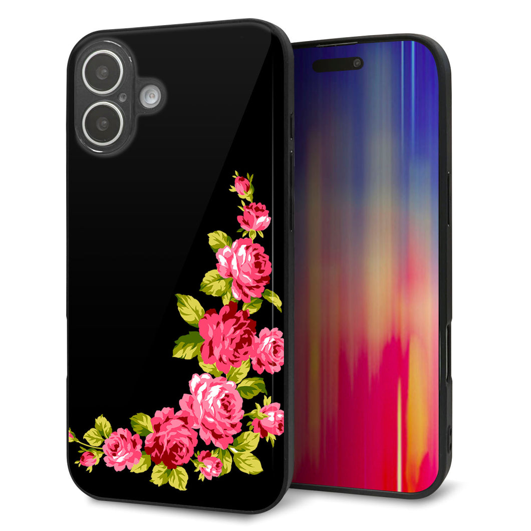 iPhone16 Plus 強化ガラス＆TPUスマホケース ガラプリ【VA826 バラのフレーム(黒)】