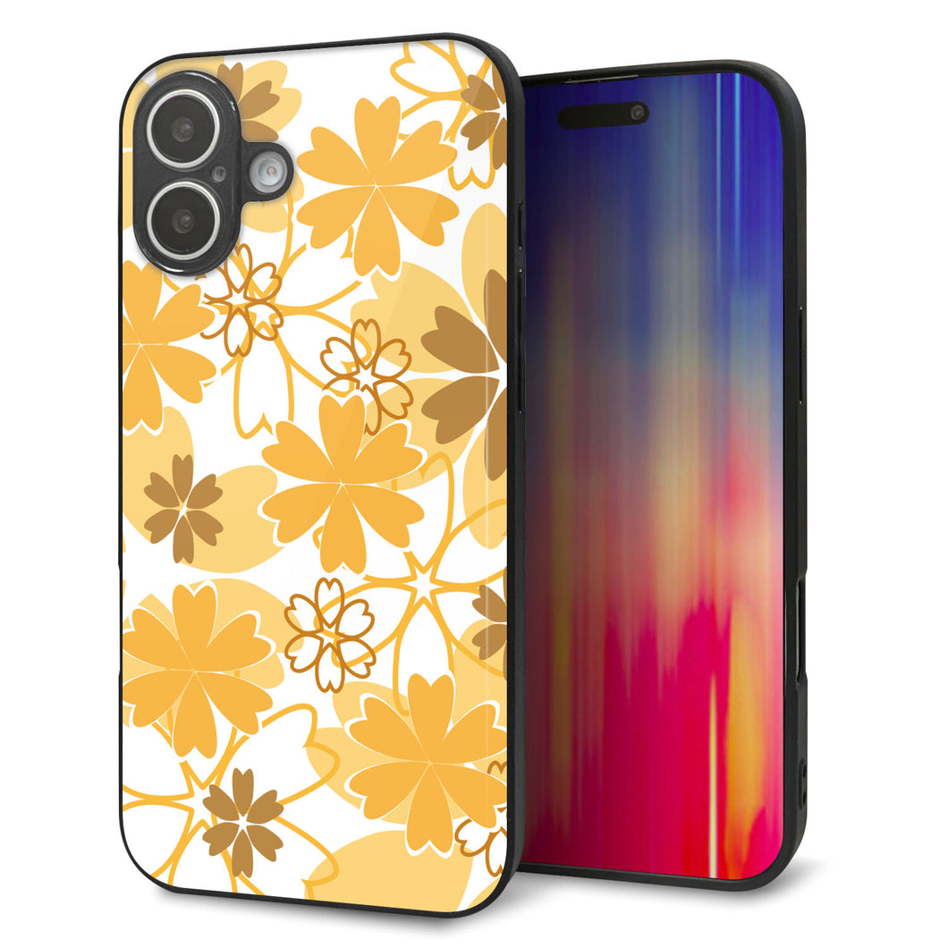 iPhone16 Plus 強化ガラス＆TPUスマホケース ガラプリ【VA959 重なり合う花 オレンジ】