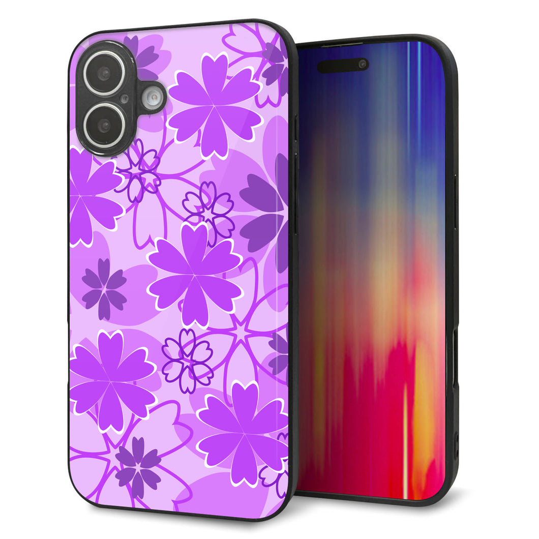 iPhone16 Plus 強化ガラス＆TPUスマホケース ガラプリ【VA960 重なり合う花 パープル】
