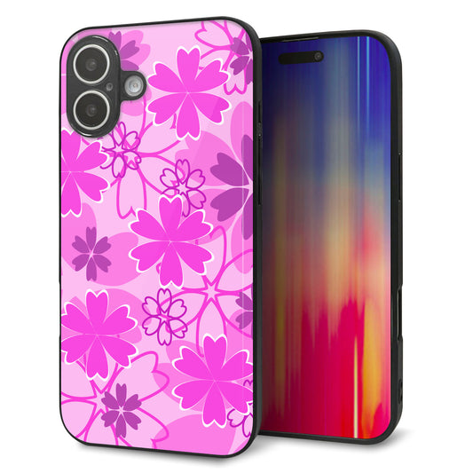 iPhone16 Plus 強化ガラス＆TPUスマホケース ガラプリ【VA961 重なり合う花 ピンク】
