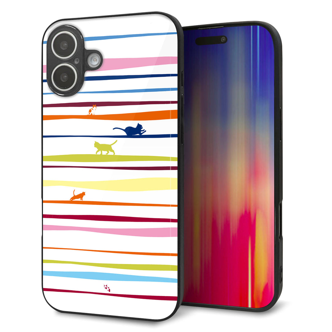 iPhone16 Plus 強化ガラス＆TPUスマホケース ガラプリ【YA893 ストライプネコ02 L】