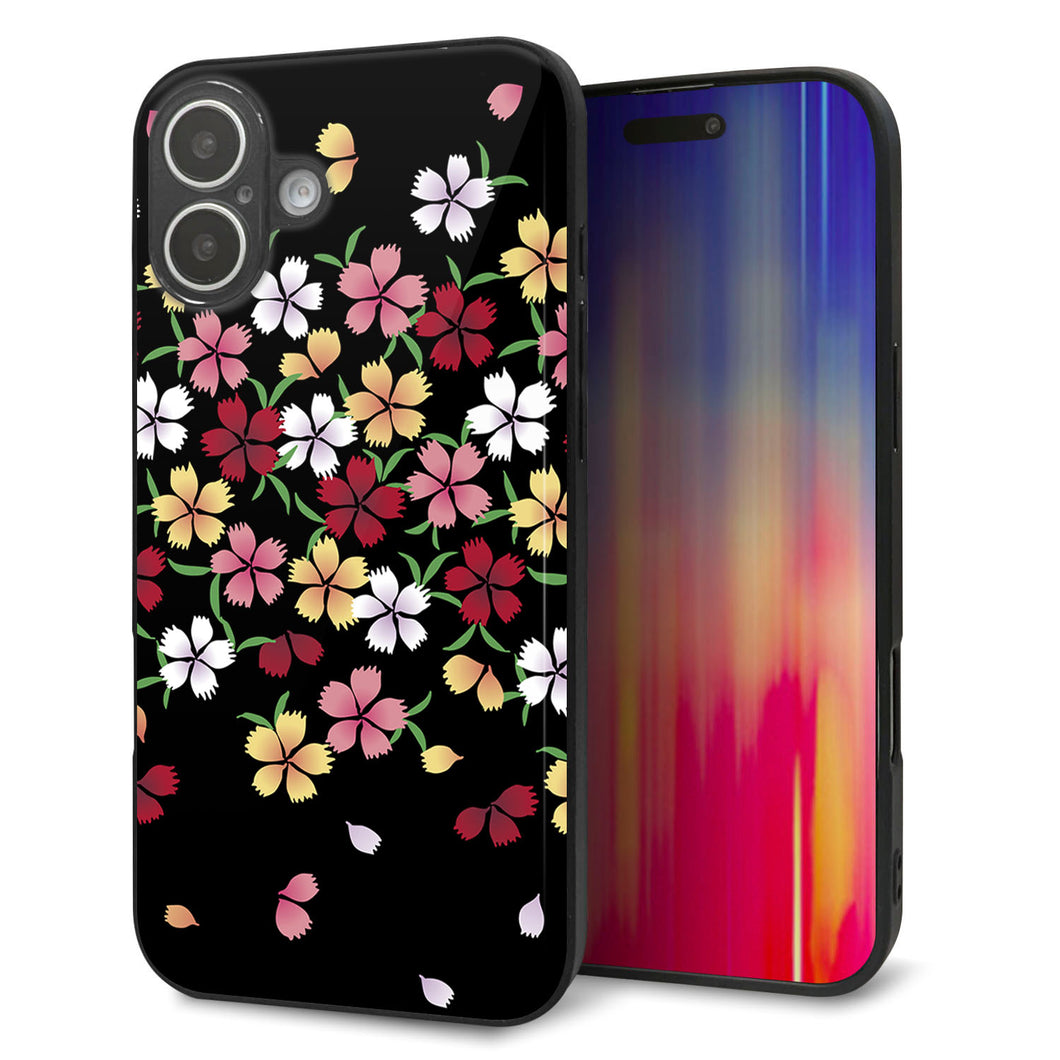 iPhone16 Plus 強化ガラス＆TPUスマホケース ガラプリ【YJ323 和柄 なでしこ】