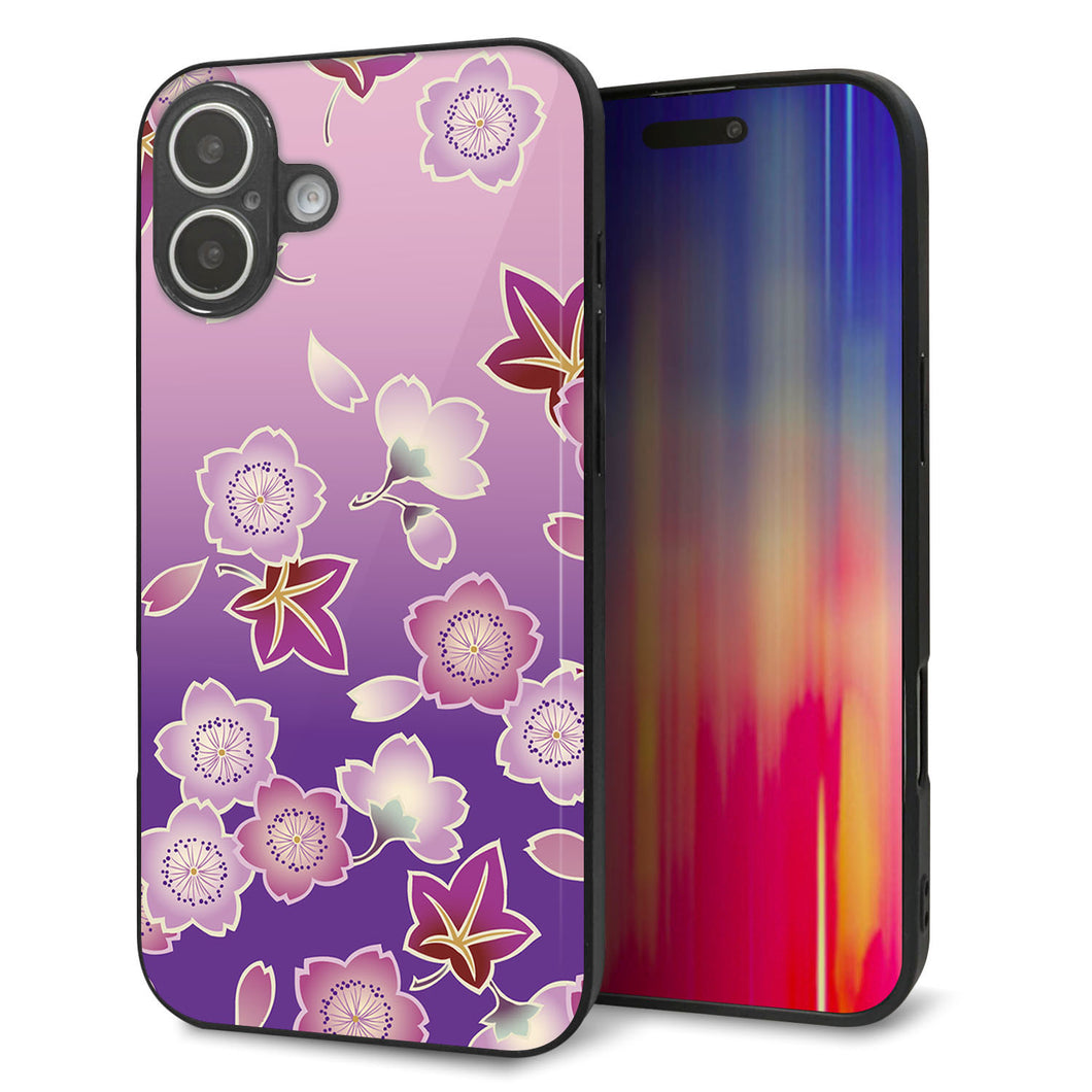 iPhone16 Plus 強化ガラス＆TPUスマホケース ガラプリ【YJ324 和柄 桜 もみじ】