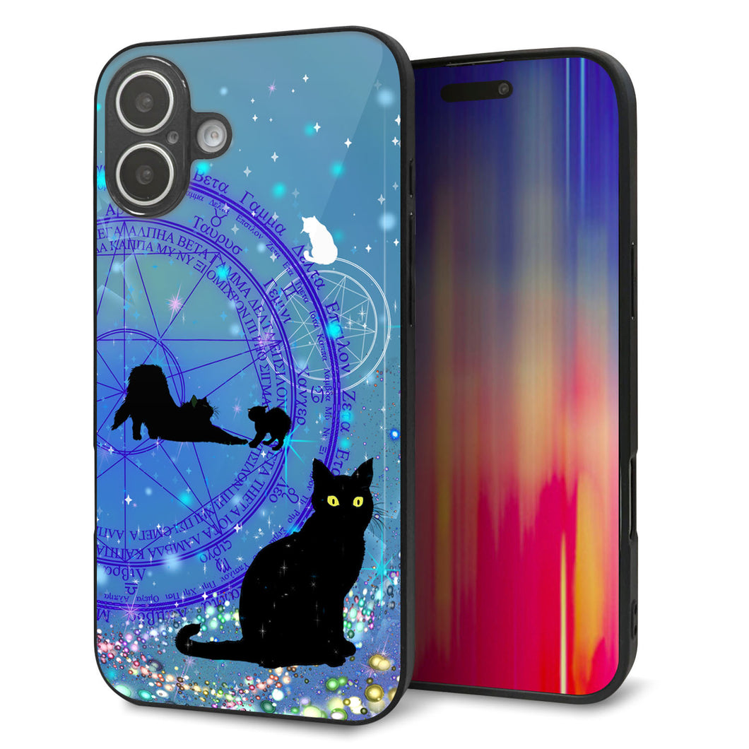 iPhone16 Plus 強化ガラス＆TPUスマホケース ガラプリ【YJ327 魔法陣猫 キラキラ かわいい】