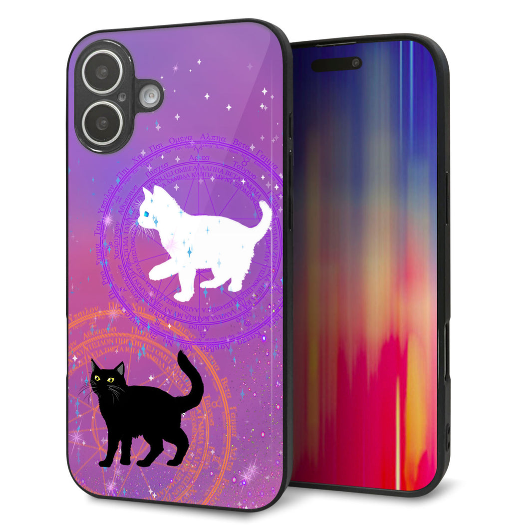 iPhone16 Plus 強化ガラス＆TPUスマホケース ガラプリ【YJ328 魔法陣猫 キラキラ かわいい ピンク】