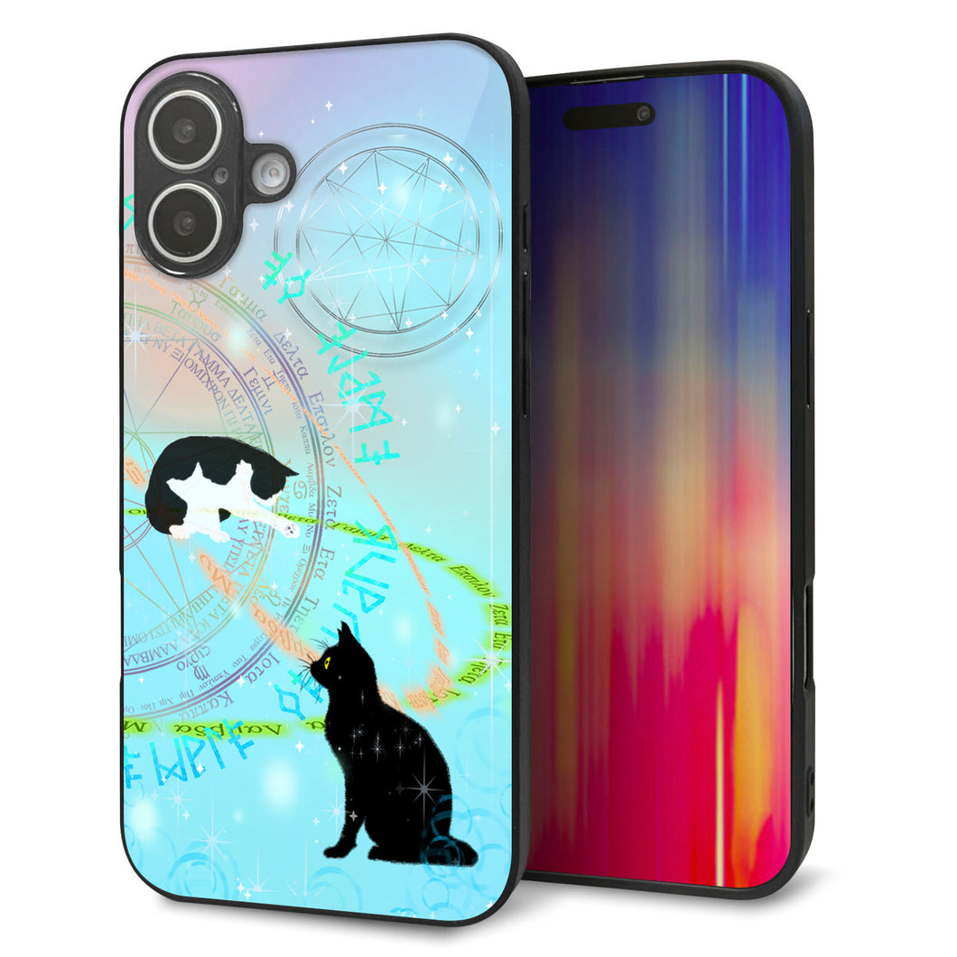 iPhone16 Plus 強化ガラス＆TPUスマホケース ガラプリ【YJ329 魔法陣猫 キラキラ パステル】