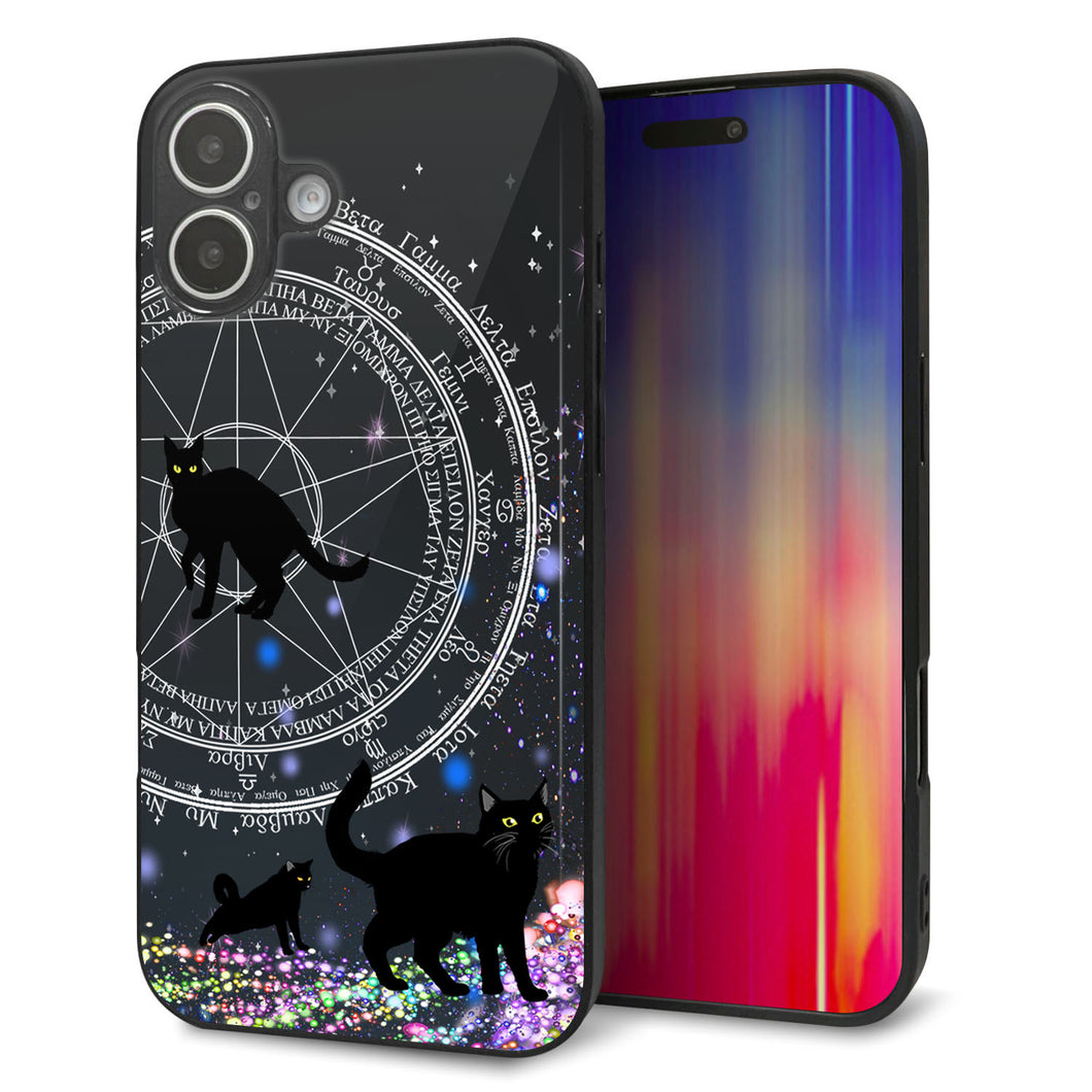 iPhone16 Plus 強化ガラス＆TPUスマホケース ガラプリ【YJ330 魔法陣猫 キラキラ 黒猫】