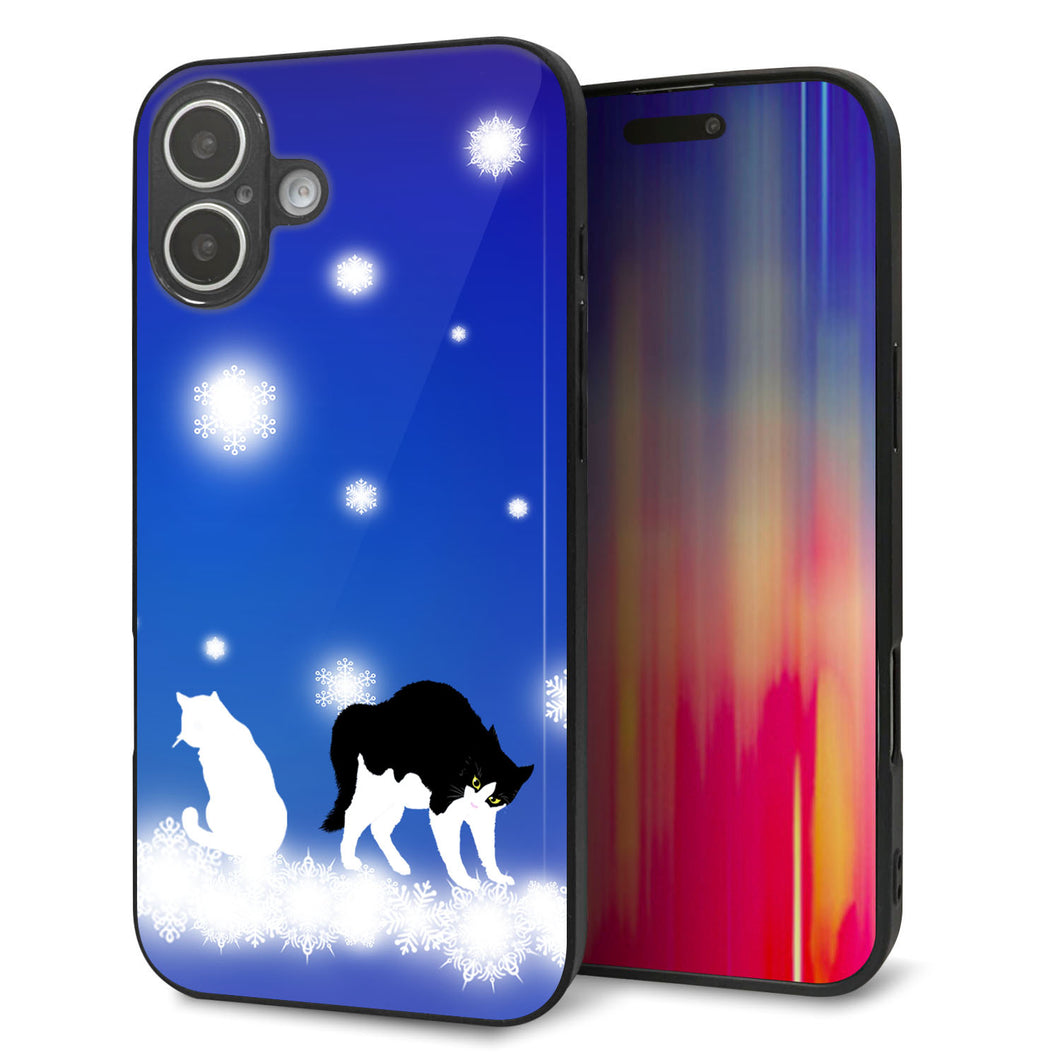 iPhone16 Plus 強化ガラス＆TPUスマホケース ガラプリ【YJ335 雪の結晶 はちわれ】