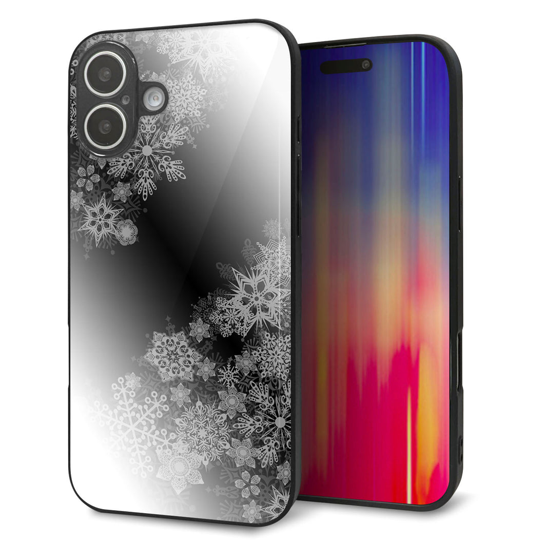 iPhone16 Plus 強化ガラス＆TPUスマホケース ガラプリ【YJ340 モノトーン 雪の結晶 】