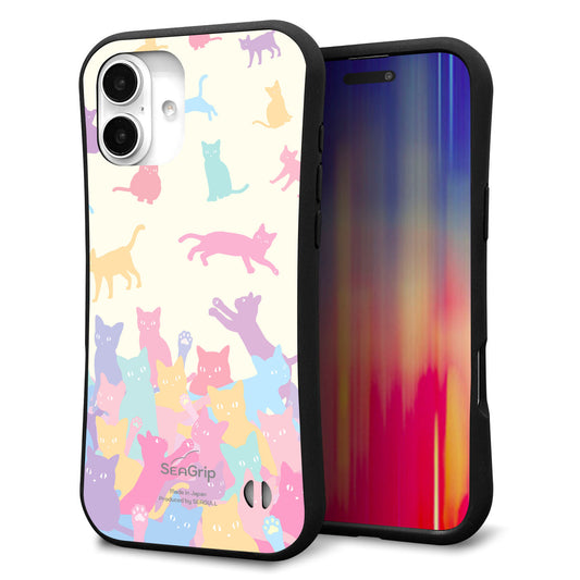 iPhone16 Plus スマホケース 「SEA Grip」 グリップケース Sライン 【AG885 ネコ積もり マルチカラー】 UV印刷