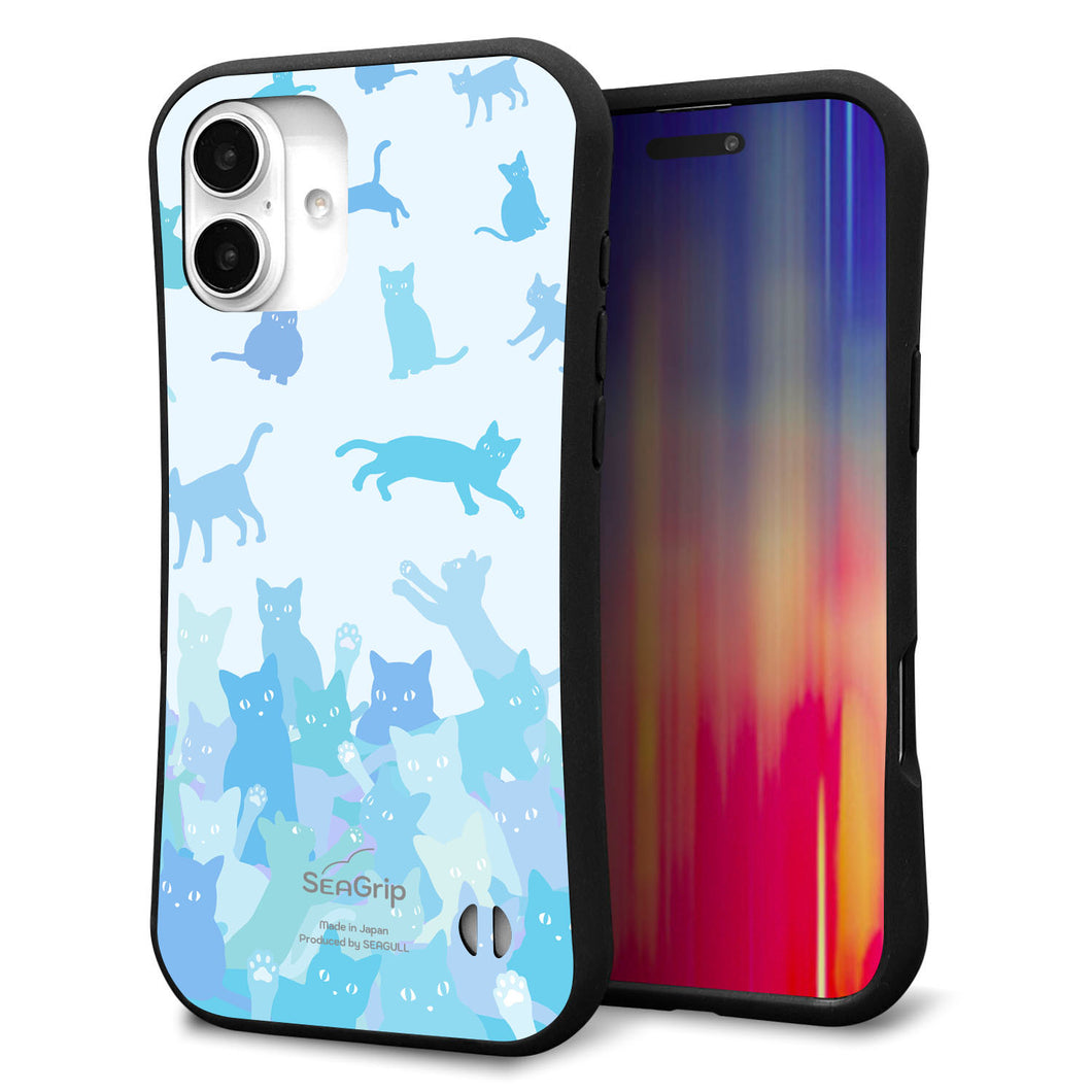 iPhone16 Plus スマホケース 「SEA Grip」 グリップケース Sライン 【AG888 ネコ積もり 水色】 UV印刷