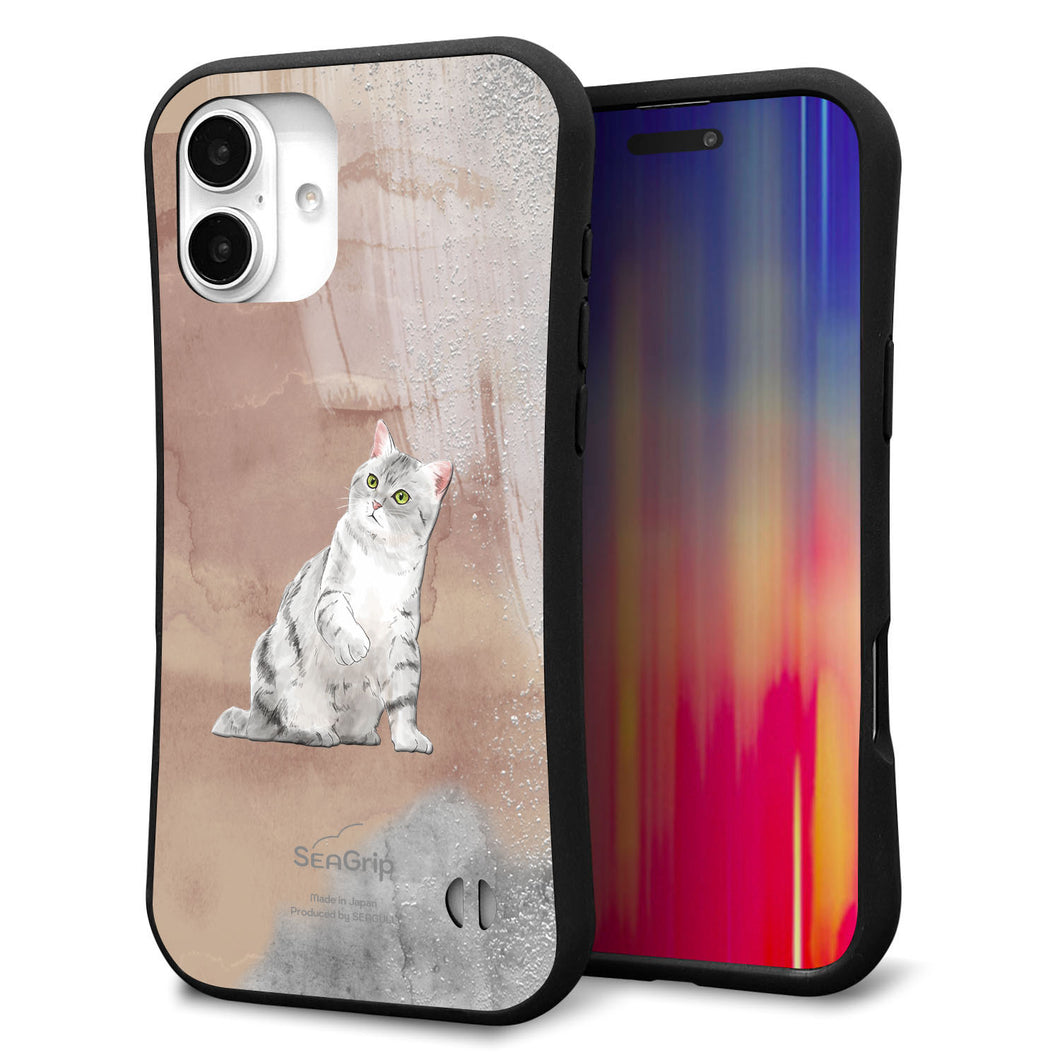 iPhone16 Plus スマホケース 「SEA Grip」 グリップケース Sライン 【HA166 アメリカンショートヘア+くすみカラー】 UV印刷