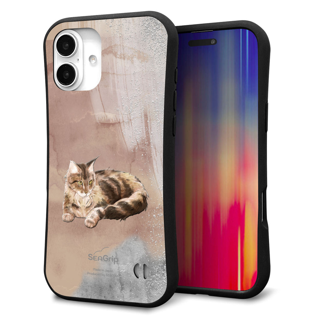 iPhone16 Plus スマホケース 「SEA Grip」 グリップケース Sライン 【HA173 メインクーン+くすみカラー】 UV印刷