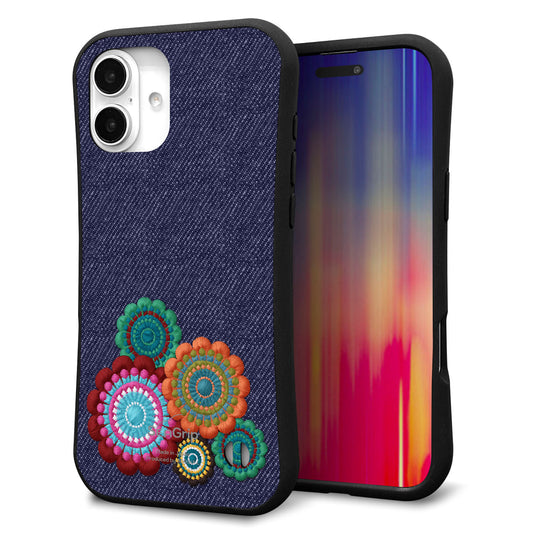 iPhone16 Plus スマホケース 「SEA Grip」 グリップケース Sライン 【KM934 エスニックフラワー デニム】 UV印刷