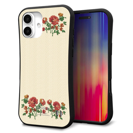 iPhone16 Plus スマホケース 「SEA Grip」 グリップケース Sライン 【KM941 花刺繍風 レッドフラワー オフホワイト 】 UV印刷
