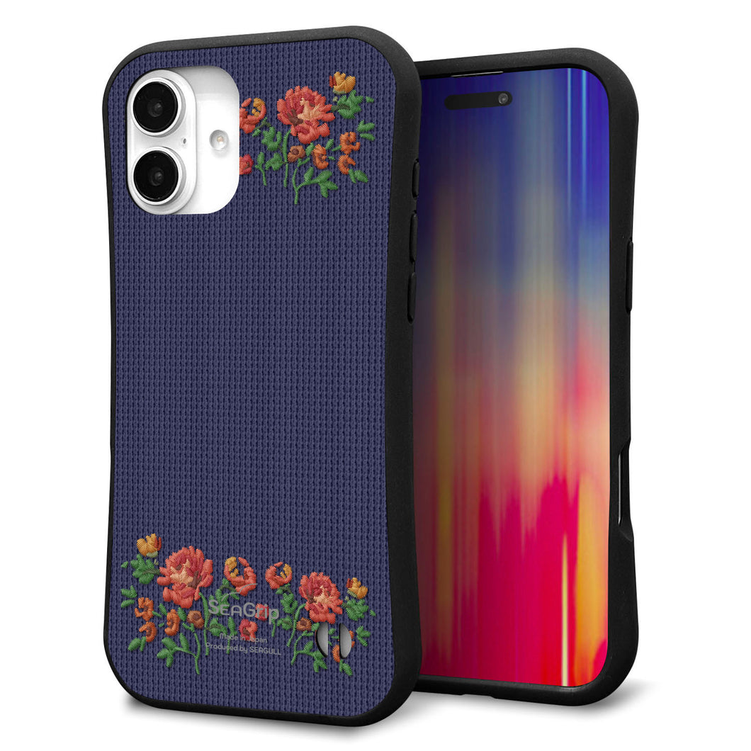 iPhone16 Plus スマホケース 「SEA Grip」 グリップケース Sライン 【KM943 花刺繍風 レッドフラワー ネイビー 】 UV印刷