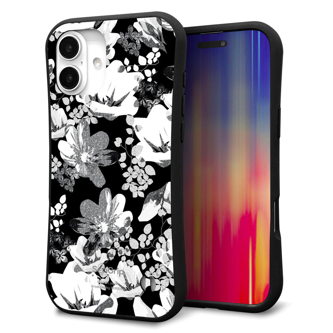 iPhone16 Plus スマホケース 「SEA Grip」 グリップケース Sライン 【SC913 花柄モノトーン 02】 UV印刷