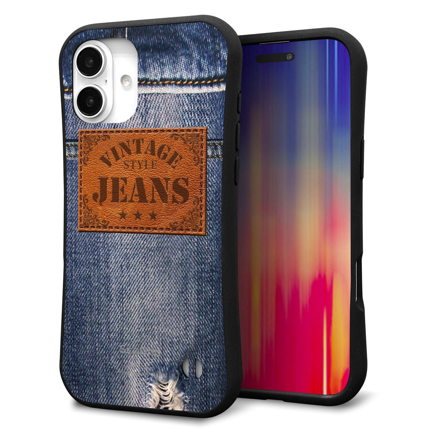 iPhone16 Plus スマホケース 「SEA Grip」 グリップケース Sライン 【SC921 ダメージデニム レザータグ】 UV印刷
