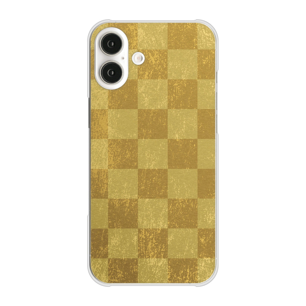 iPhone16 Plus 高画質仕上げ 背面印刷 ハードケース 【619 市松模様-金（骨董風に傷んだイメージ）】