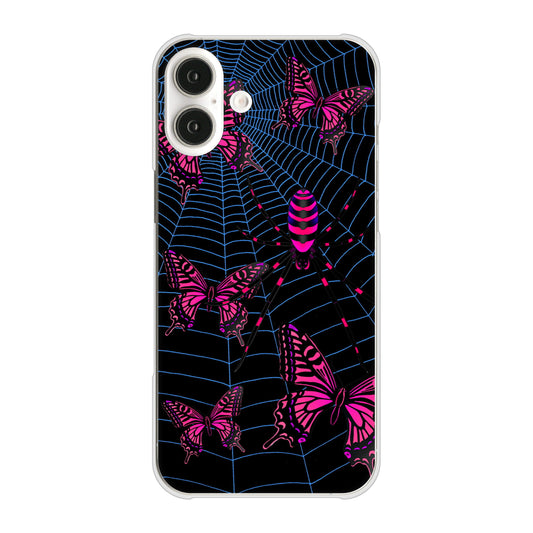 iPhone16 Plus 高画質仕上げ 背面印刷 ハードケースむかいあぐる 蜘蛛の巣に舞う蝶
