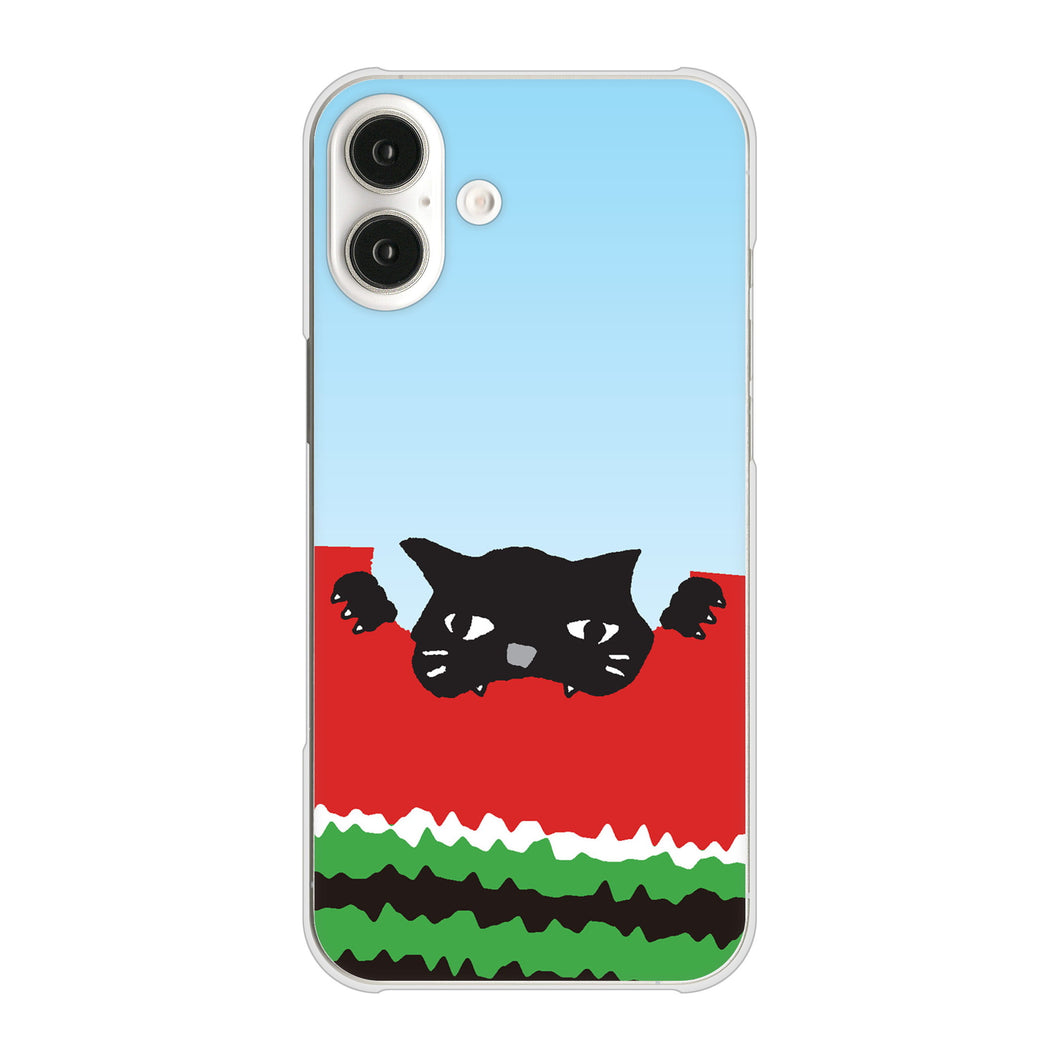 iPhone16 Plus 高画質仕上げ 背面印刷 ハードケースすいかをかじるネコ