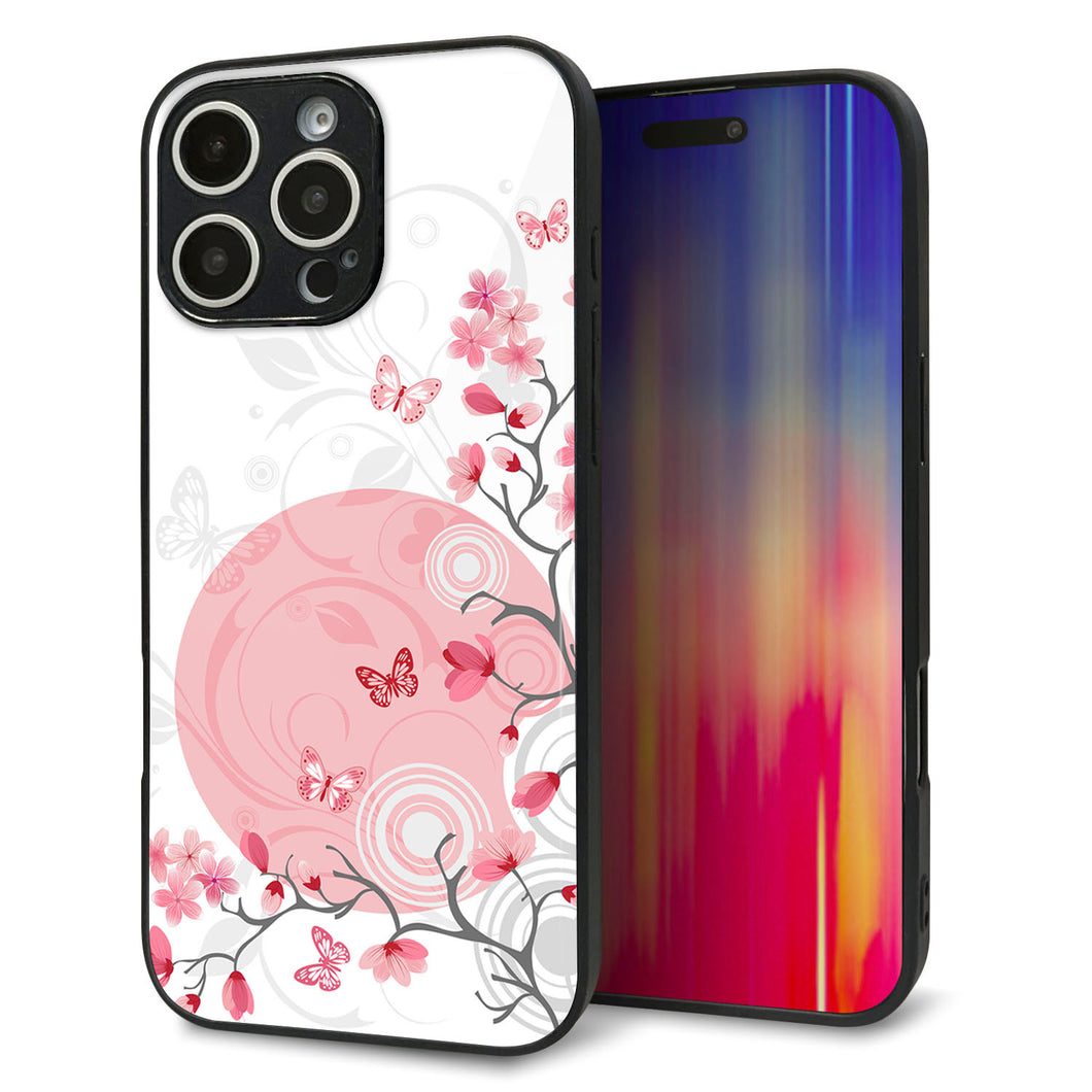 iPhone16 Pro Max 強化ガラス＆TPUスマホケース ガラプリ【030 花と蝶（うす桃色）】