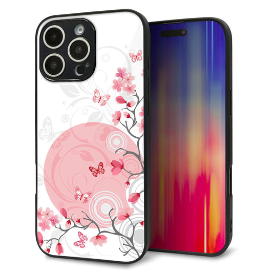 iPhone16 Pro Max 強化ガラス＆TPUスマホケース ガラプリ【030 花と蝶（うす桃色）】