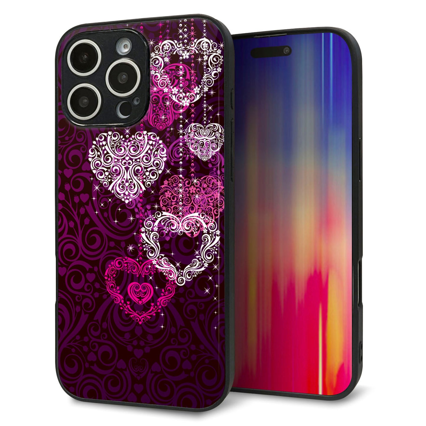 iPhone16 Pro Max 強化ガラス＆TPUスマホケース ガラプリ【468 ハートのシャンデリア】