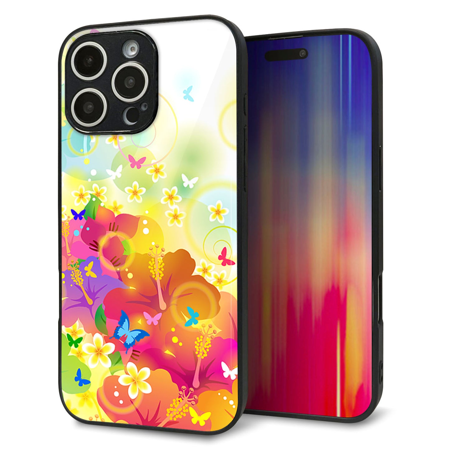 iPhone16 Pro Max 強化ガラス＆TPUスマホケース ガラプリ【647 ハイビスカスと蝶】
