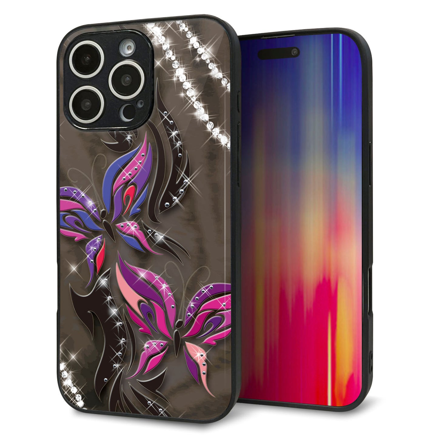 iPhone16 Pro Max 強化ガラス＆TPUスマホケース ガラプリ【1164 キラめくストーンと蝶】