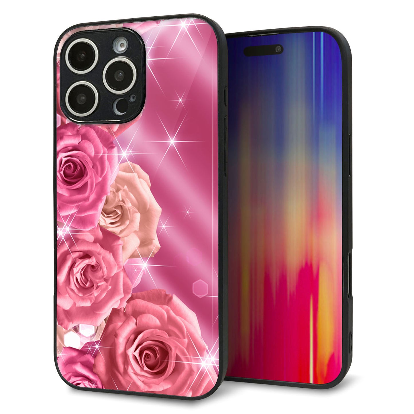 iPhone16 Pro Max 強化ガラス＆TPUスマホケース ガラプリ【1182 ピンクの薔薇に誘われて】